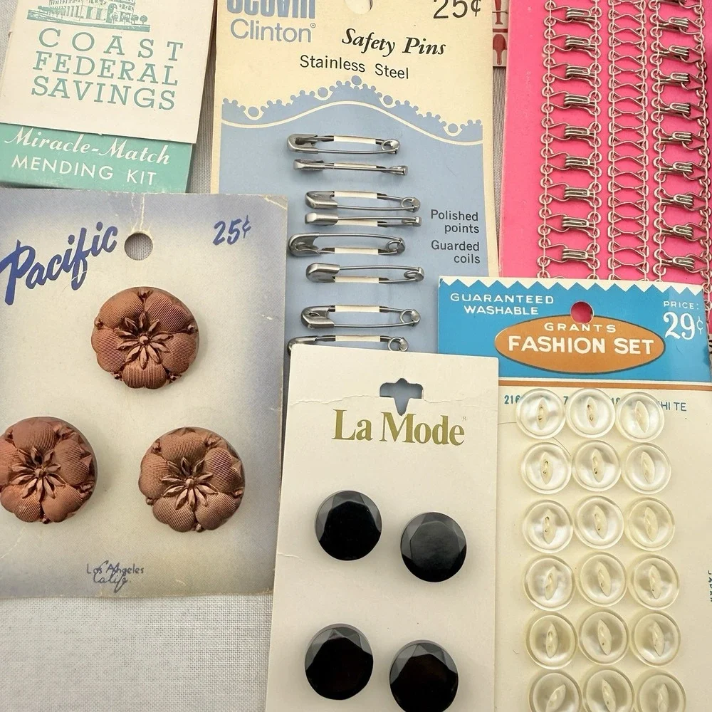 Vintage Lot Sewing Notions Hook Eye Loops Buttons Needles Mending Supplies